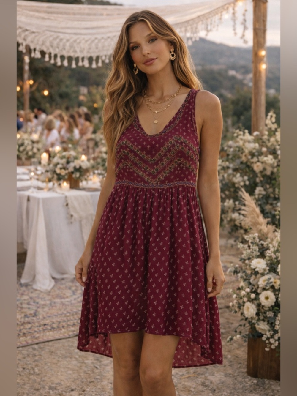 Doe & Rae Boho Wedding Guest ✨ Burgundy Flowy Sundress Romantic High-Low Look
